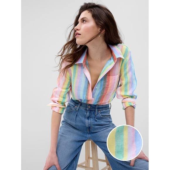 GAP Tops - GAP 100% Linen Boyfriend Shirt Striped Button Down Women's Size XXL Coastal Vaca